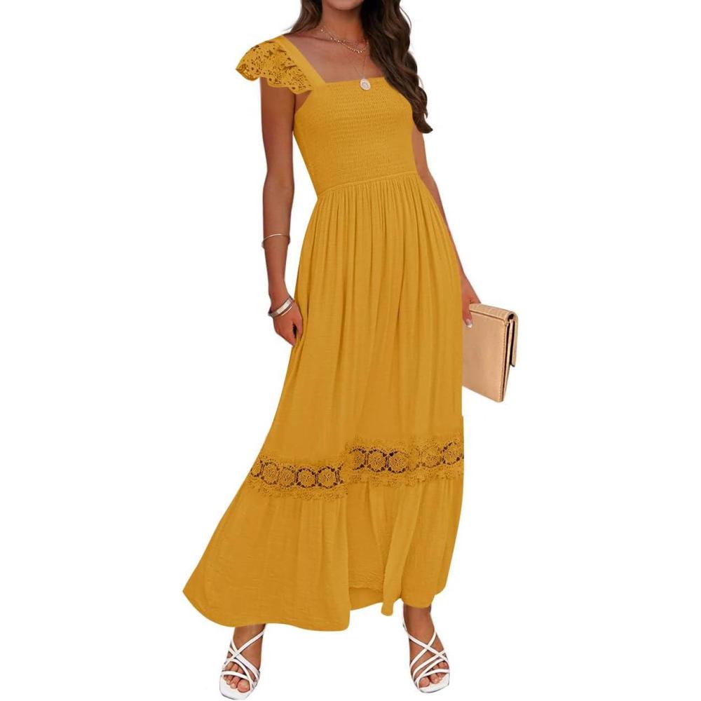 imageZESICA Womens 2026 Summer Lace Strap Sleeveless Square Neck Smocked High Waist Ruffle Hollow Out Flowy A Line Maxi DressMustard