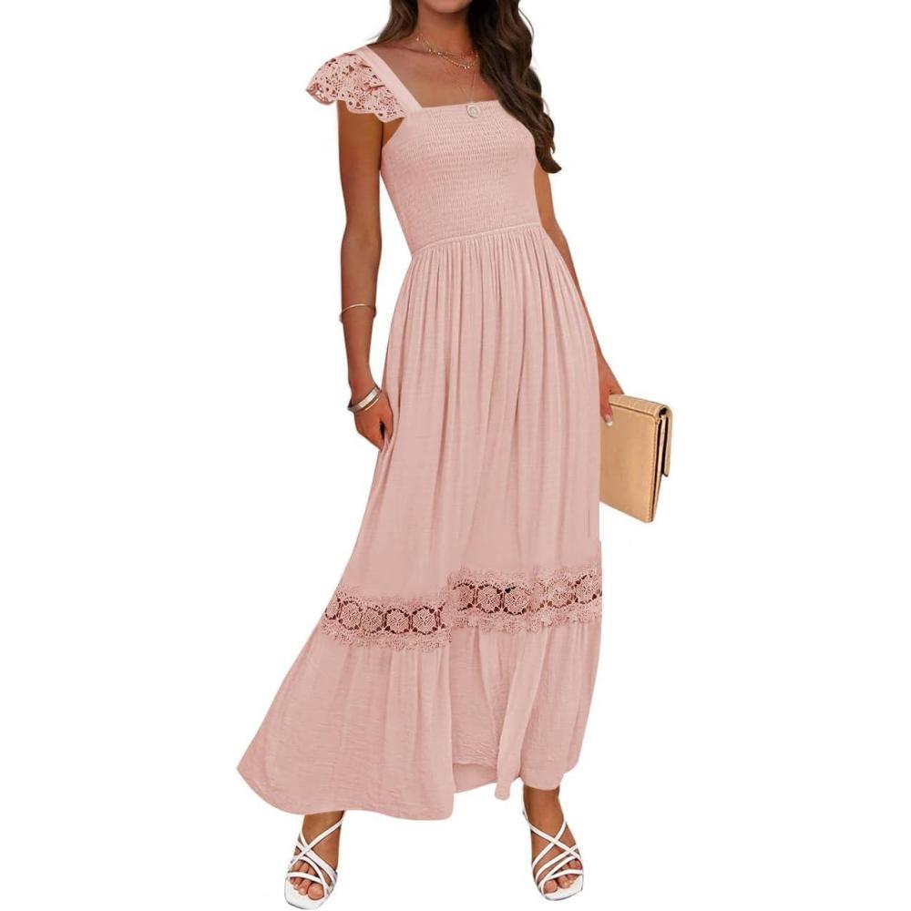 imageZESICA Womens 2026 Summer Lace Strap Sleeveless Square Neck Smocked High Waist Ruffle Hollow Out Flowy A Line Maxi DressPink