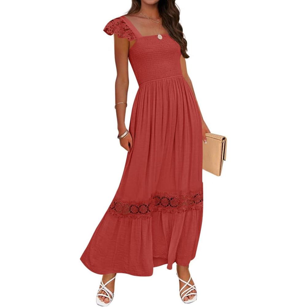 imageZESICA Womens 2026 Summer Lace Strap Sleeveless Square Neck Smocked High Waist Ruffle Hollow Out Flowy A Line Maxi DressRust