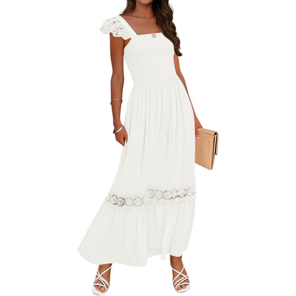 imageZESICA Womens 2026 Summer Lace Strap Sleeveless Square Neck Smocked High Waist Ruffle Hollow Out Flowy A Line Maxi DressWhite