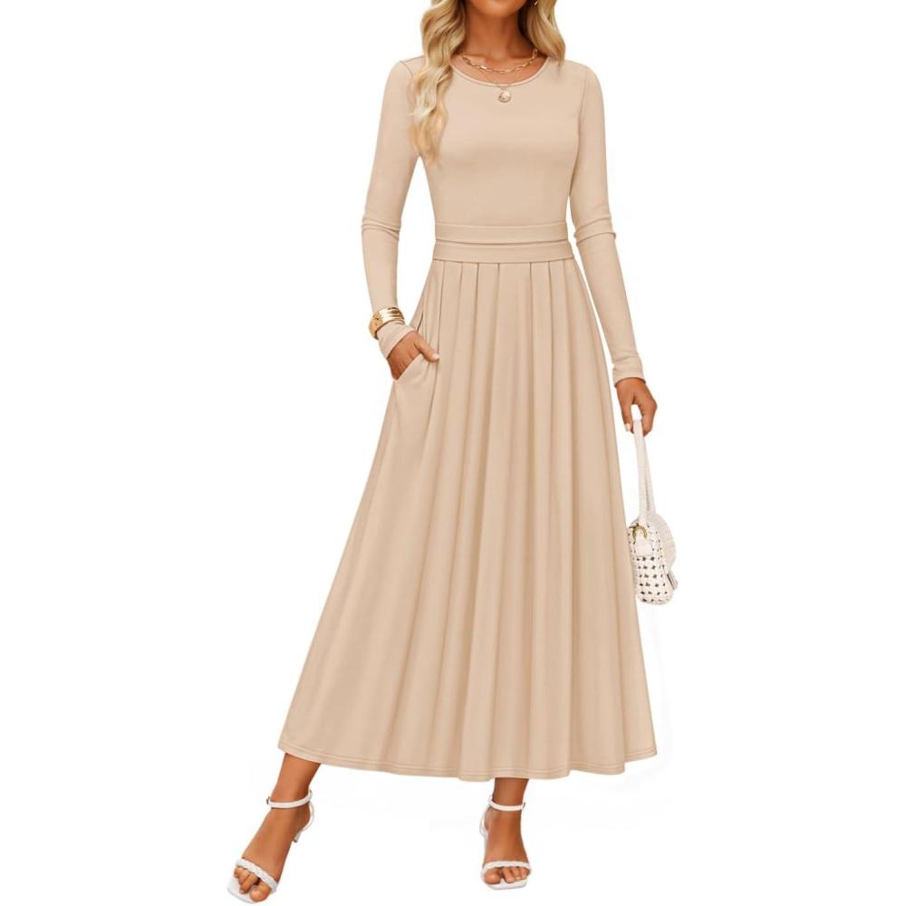 imageZESICA Womens Elegant Long Sleeve Maxi Dress 2026 Fall Crewneck Knit High Wasit Pleated Flowy A Line Casual Party DressesApricot