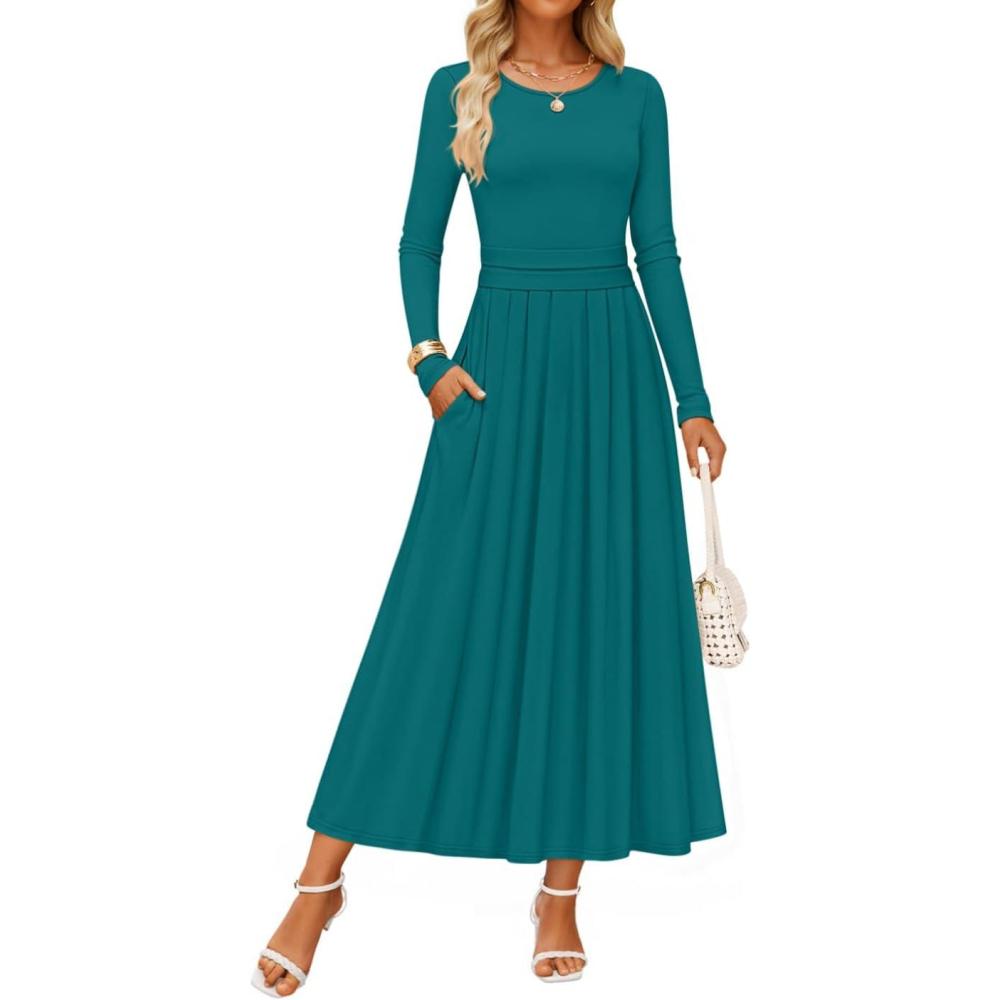 imageZESICA Womens Elegant Long Sleeve Maxi Dress 2026 Fall Crewneck Knit High Wasit Pleated Flowy A Line Casual Party DressesAqua