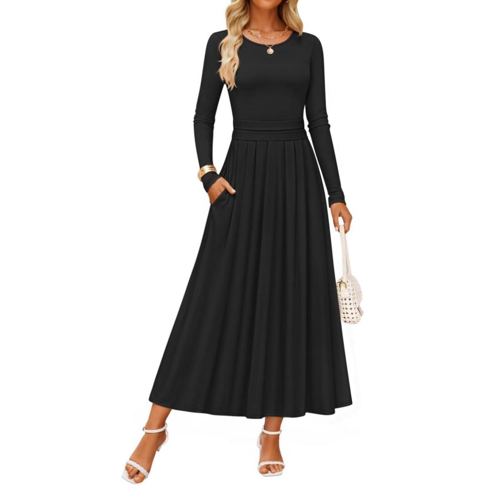 imageZESICA Womens Elegant Long Sleeve Maxi Dress 2026 Fall Crewneck Knit High Wasit Pleated Flowy A Line Casual Party DressesBlack