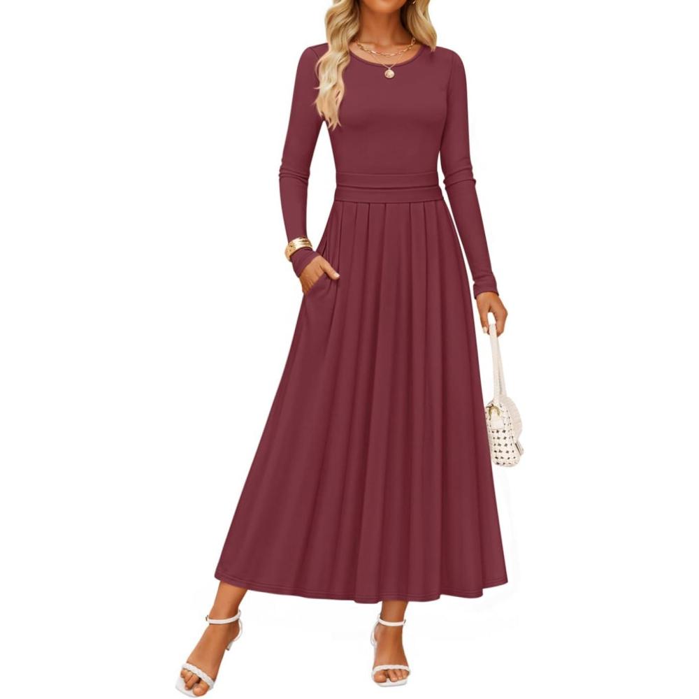 imageZESICA Womens Elegant Long Sleeve Maxi Dress 2026 Fall Crewneck Knit High Wasit Pleated Flowy A Line Casual Party DressesFuchsia