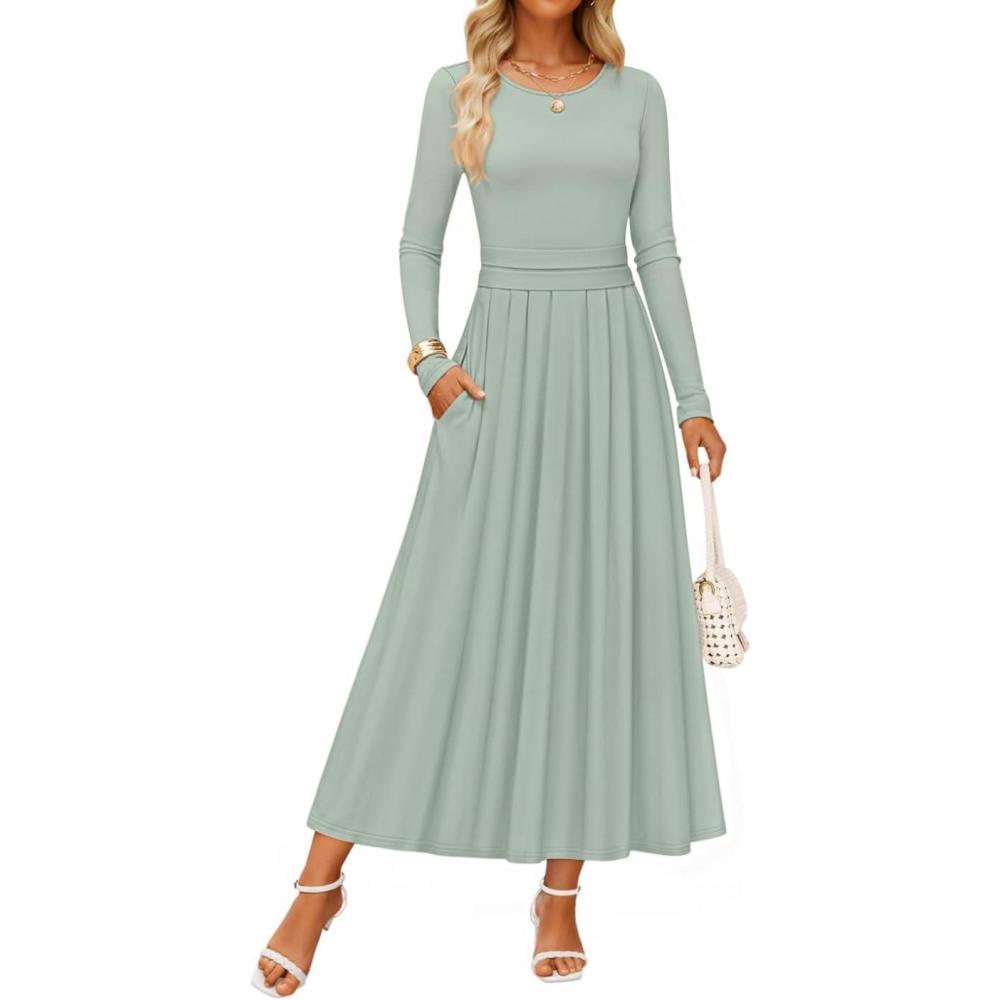 imageZESICA Womens Elegant Long Sleeve Maxi Dress 2026 Fall Crewneck Knit High Wasit Pleated Flowy A Line Casual Party DressesGreen