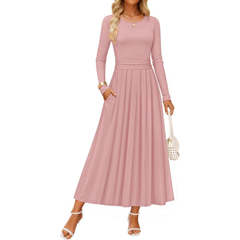 imageZESICA Womens Elegant Long Sleeve Maxi Dress 2026 Fall Crewneck Knit High Wasit Pleated Flowy A Line Casual Party DressesPink