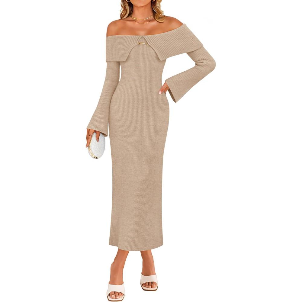 imageZESICA Womens Fall Off Shoulder Sweater Dress 2025 Bell Long Sleeve Ribbed Knit Bodycon Formal Maxi DressesApricot