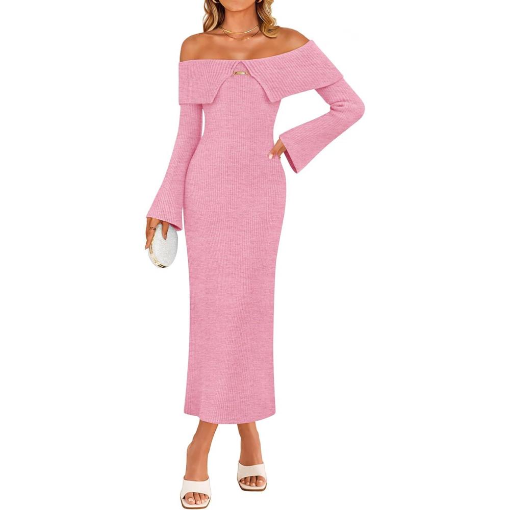imageZESICA Womens Fall Off Shoulder Sweater Dress 2025 Bell Long Sleeve Ribbed Knit Bodycon Formal Maxi DressesPink