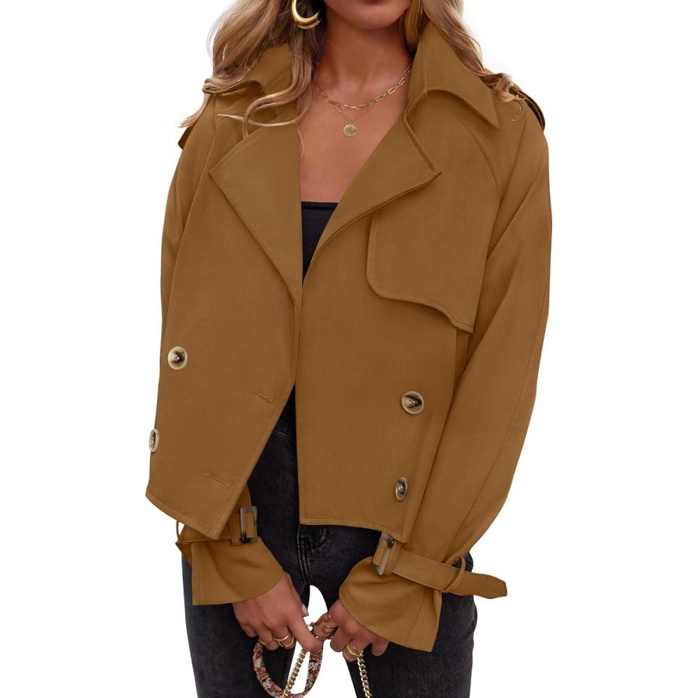 imageZESICA Womens Long Sleeve Crop Trench Coat Lapel Double Breasted Loose Casual Jacket with PocketsBrown
