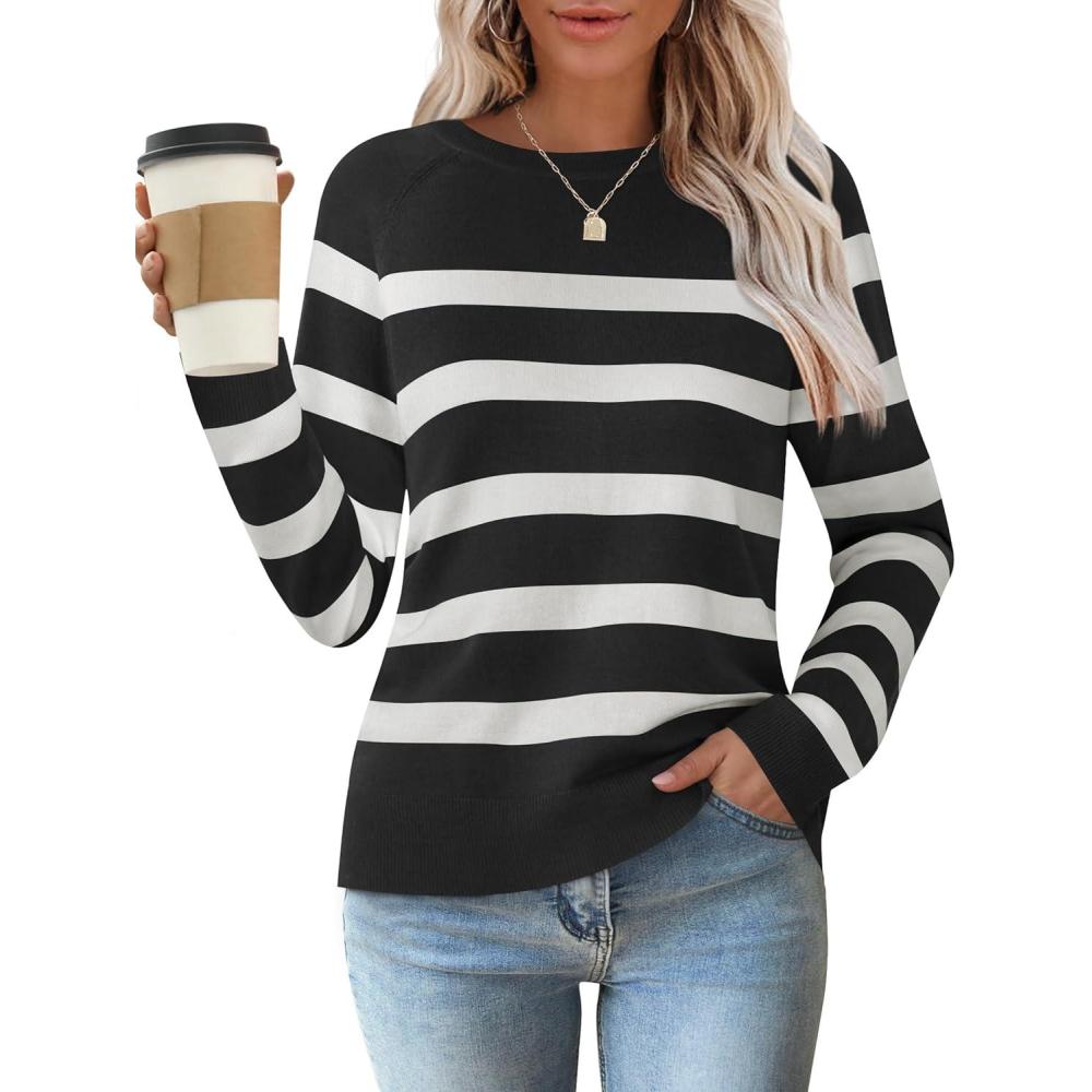 imageZESICA Womens Long Sleeve Lightweight Striped Tops 2026 Fall Crewneck Ribbed Knit ShirtsBlack