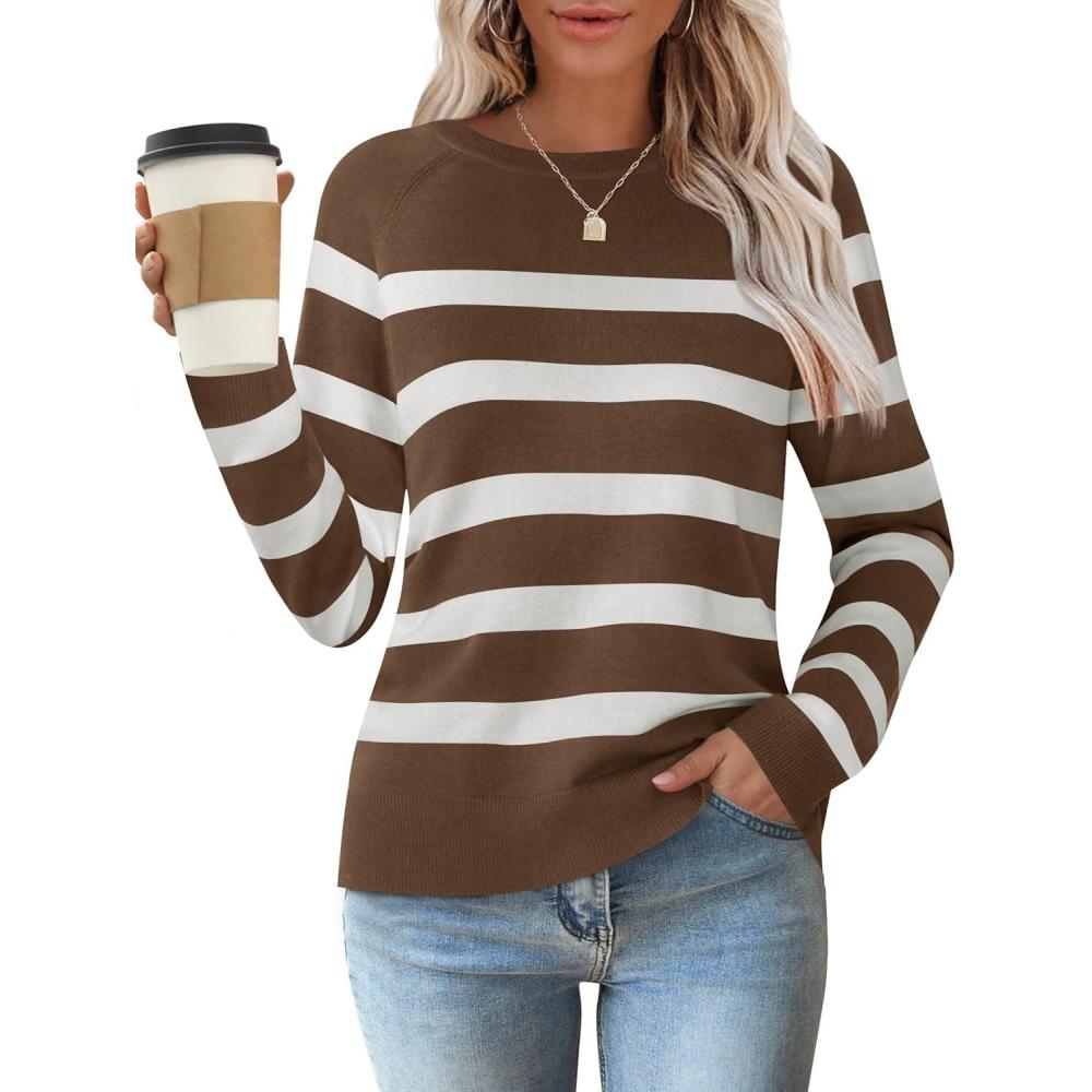 imageZESICA Womens Long Sleeve Lightweight Striped Tops 2026 Fall Crewneck Ribbed Knit ShirtsBrown
