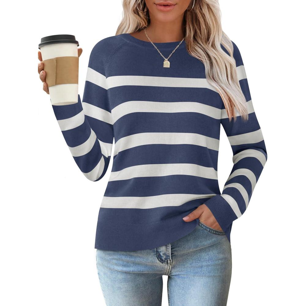 imageZESICA Womens Long Sleeve Lightweight Striped Tops 2026 Fall Crewneck Ribbed Knit ShirtsDark Blue