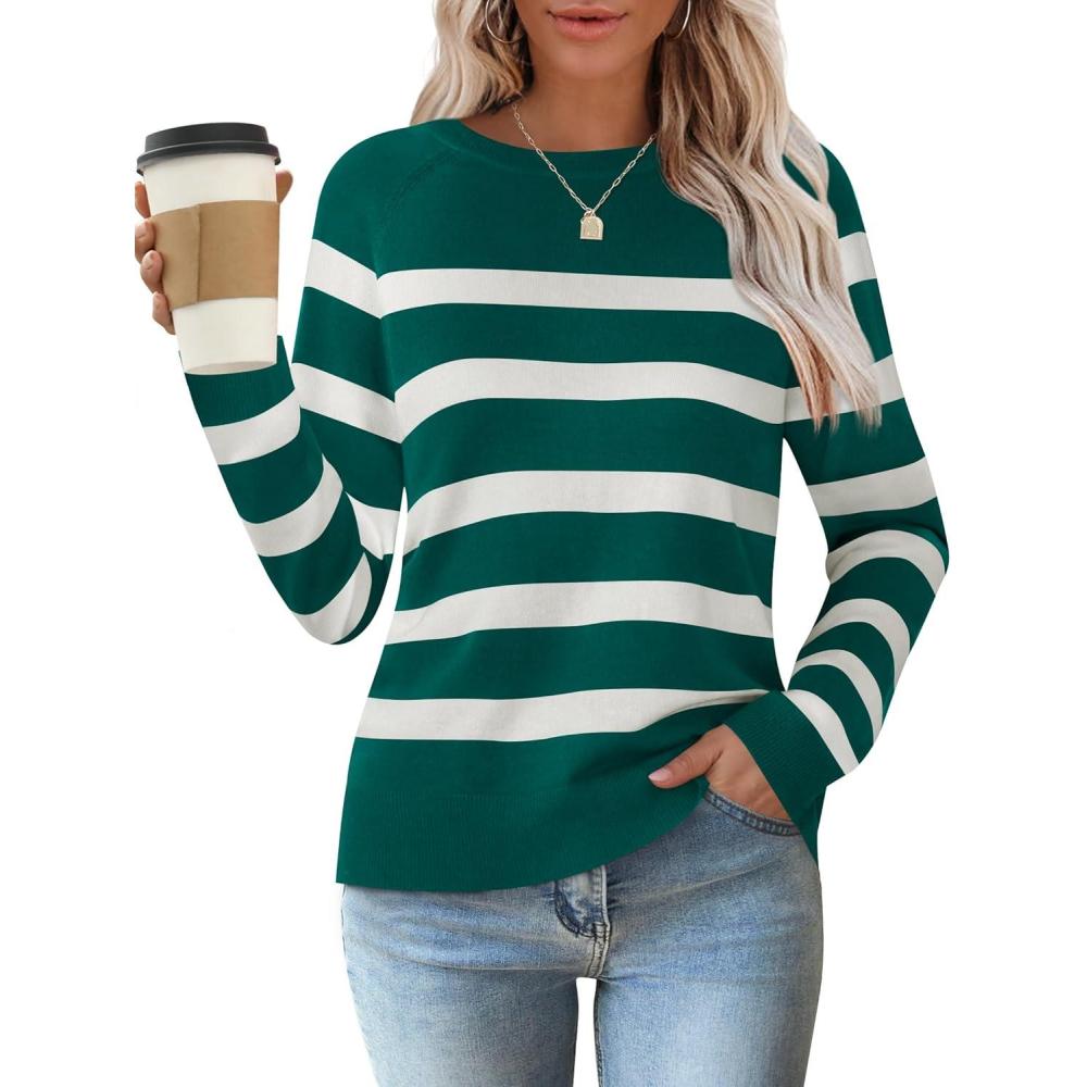 imageZESICA Womens Long Sleeve Lightweight Striped Tops 2026 Fall Crewneck Ribbed Knit ShirtsGreen
