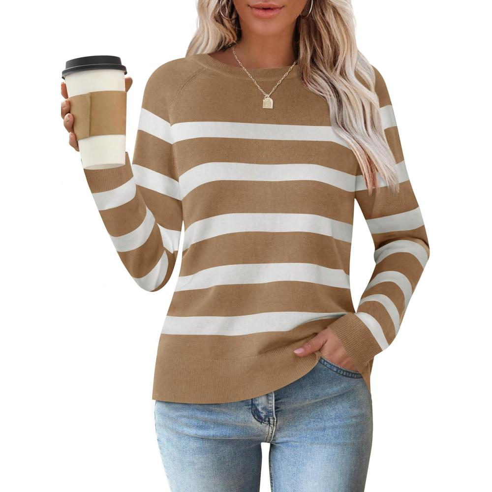 imageZESICA Womens Long Sleeve Lightweight Striped Tops 2026 Fall Crewneck Ribbed Knit ShirtsKhaki