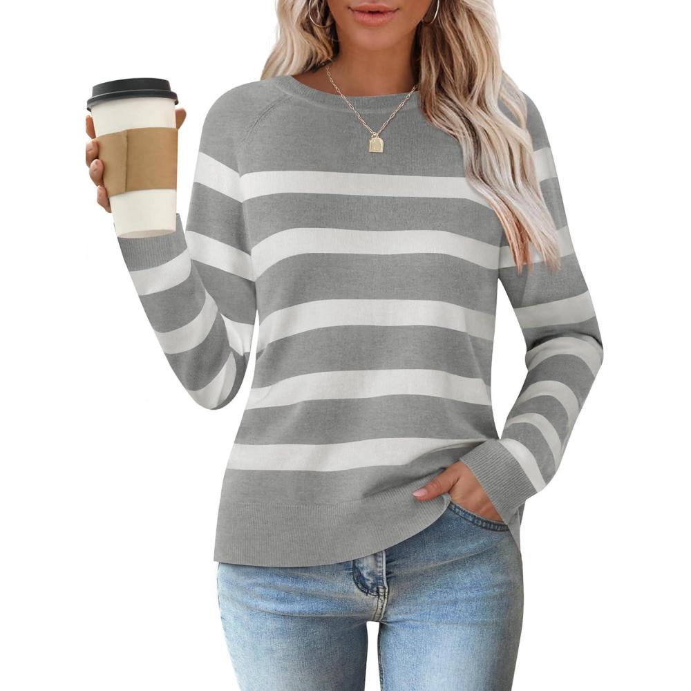 imageZESICA Womens Long Sleeve Lightweight Striped Tops 2026 Fall Crewneck Ribbed Knit ShirtsLight Grey