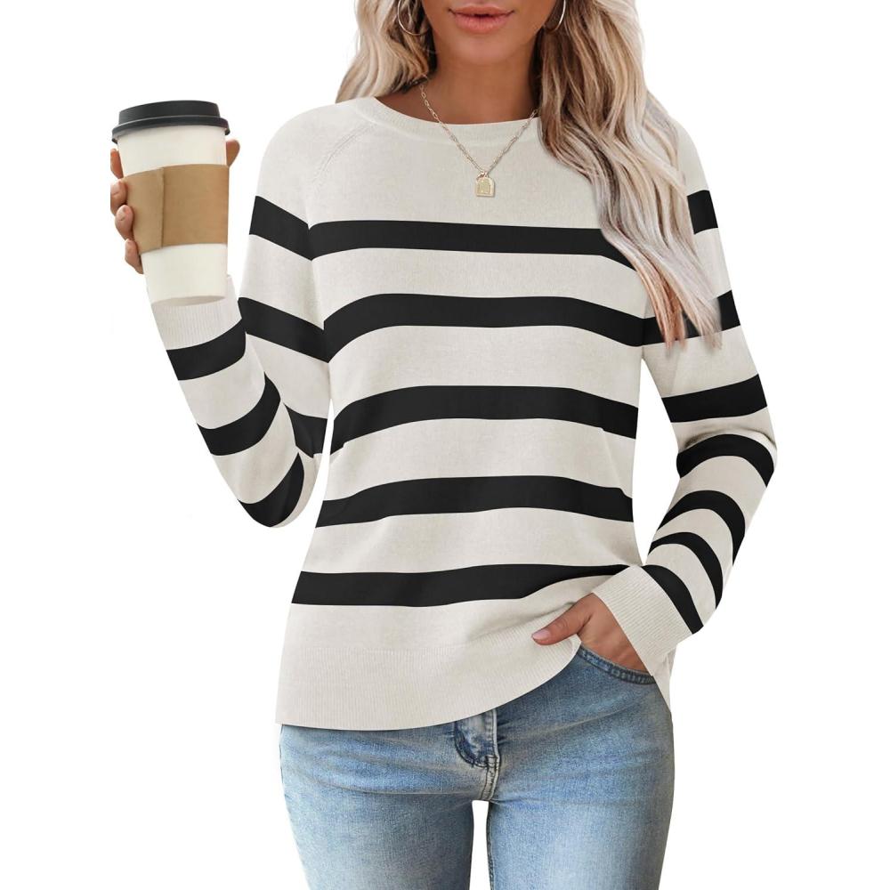 imageZESICA Womens Long Sleeve Lightweight Striped Tops 2026 Fall Crewneck Ribbed Knit ShirtsWhite