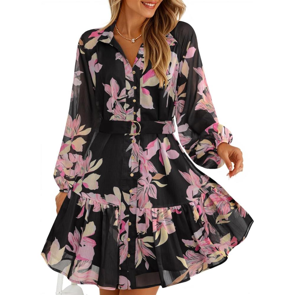 imageZESICA Womens Spring Summer Floral Mini Dress Long Sleeve Button Chiffon A Line Swing Short Wedding Guest Party DressesBlack