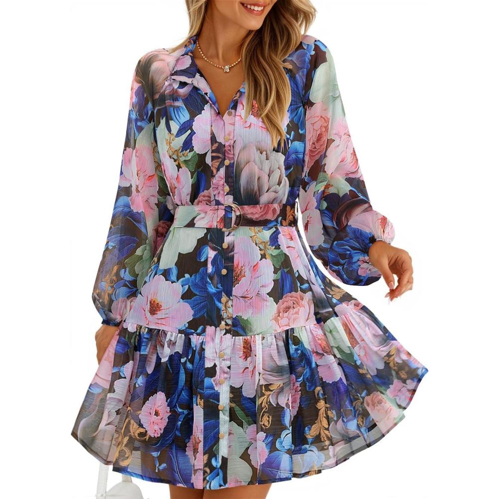 imageZESICA Womens Spring Summer Floral Mini Dress Long Sleeve Button Chiffon A Line Swing Short Wedding Guest Party DressesDark Blue