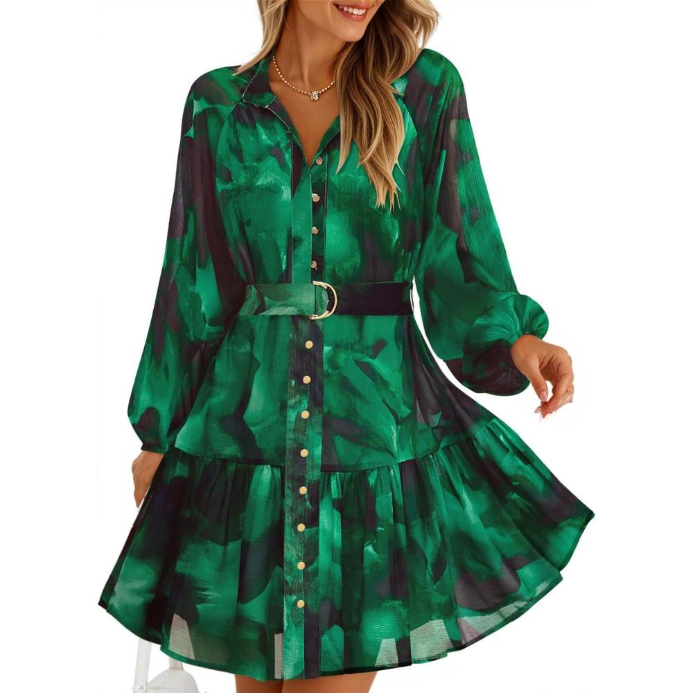 imageZESICA Womens Spring Summer Floral Mini Dress Long Sleeve Button Chiffon A Line Swing Short Wedding Guest Party DressesDark Green