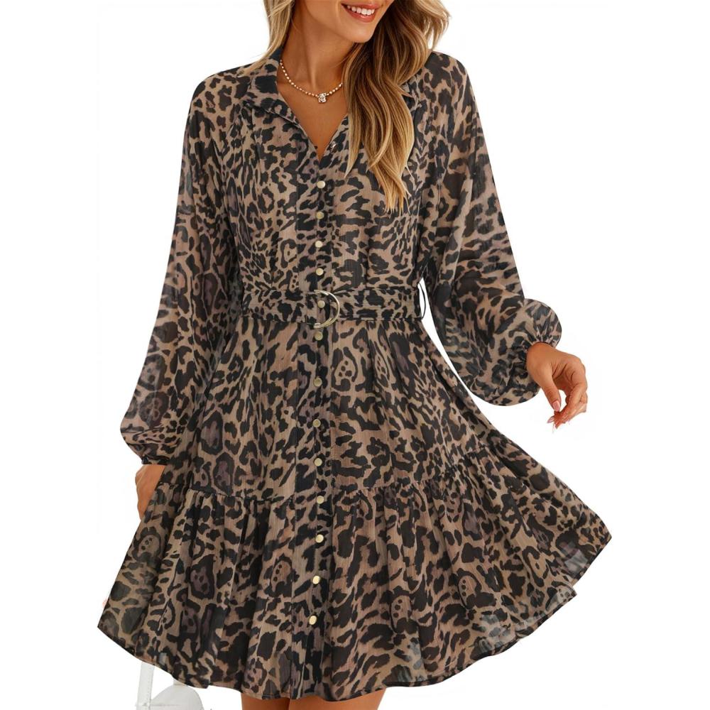 imageZESICA Womens Spring Summer Floral Mini Dress Long Sleeve Button Chiffon A Line Swing Short Wedding Guest Party DressesLeopard