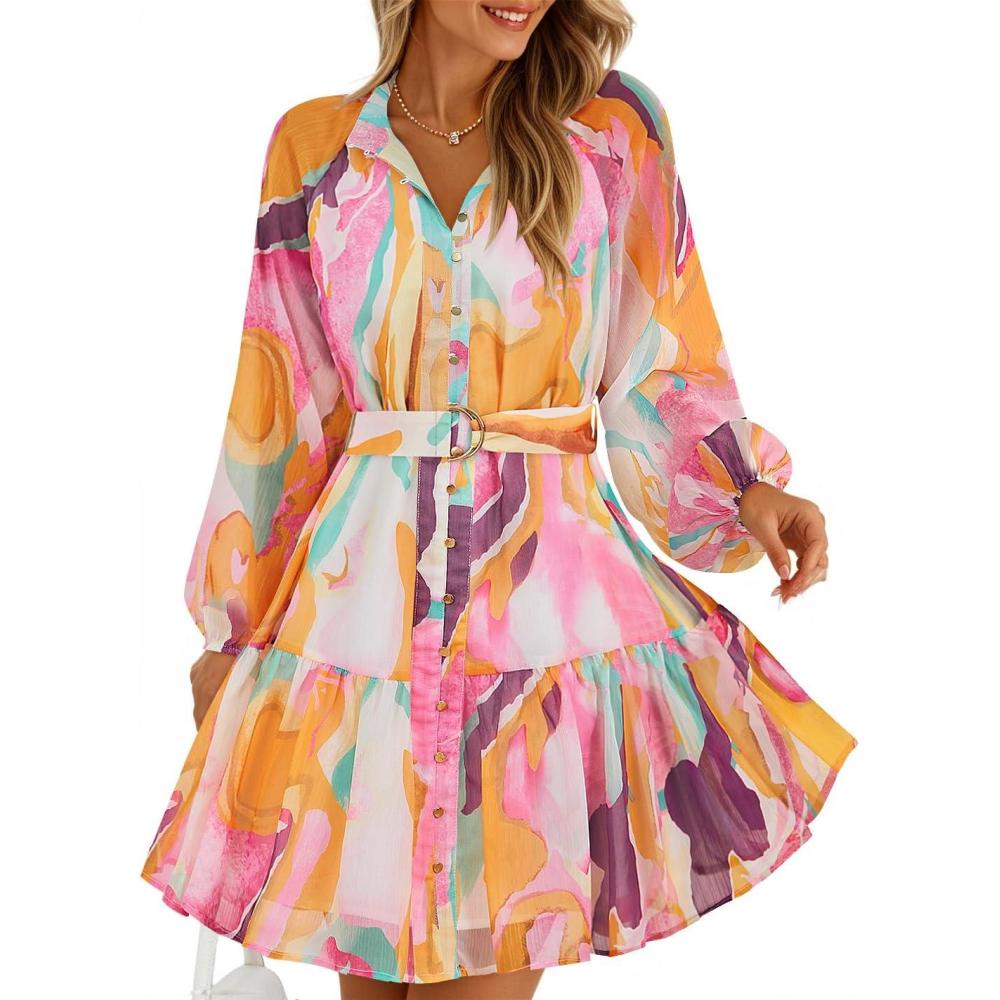 imageZESICA Womens Spring Summer Floral Mini Dress Long Sleeve Button Chiffon A Line Swing Short Wedding Guest Party DressesPink