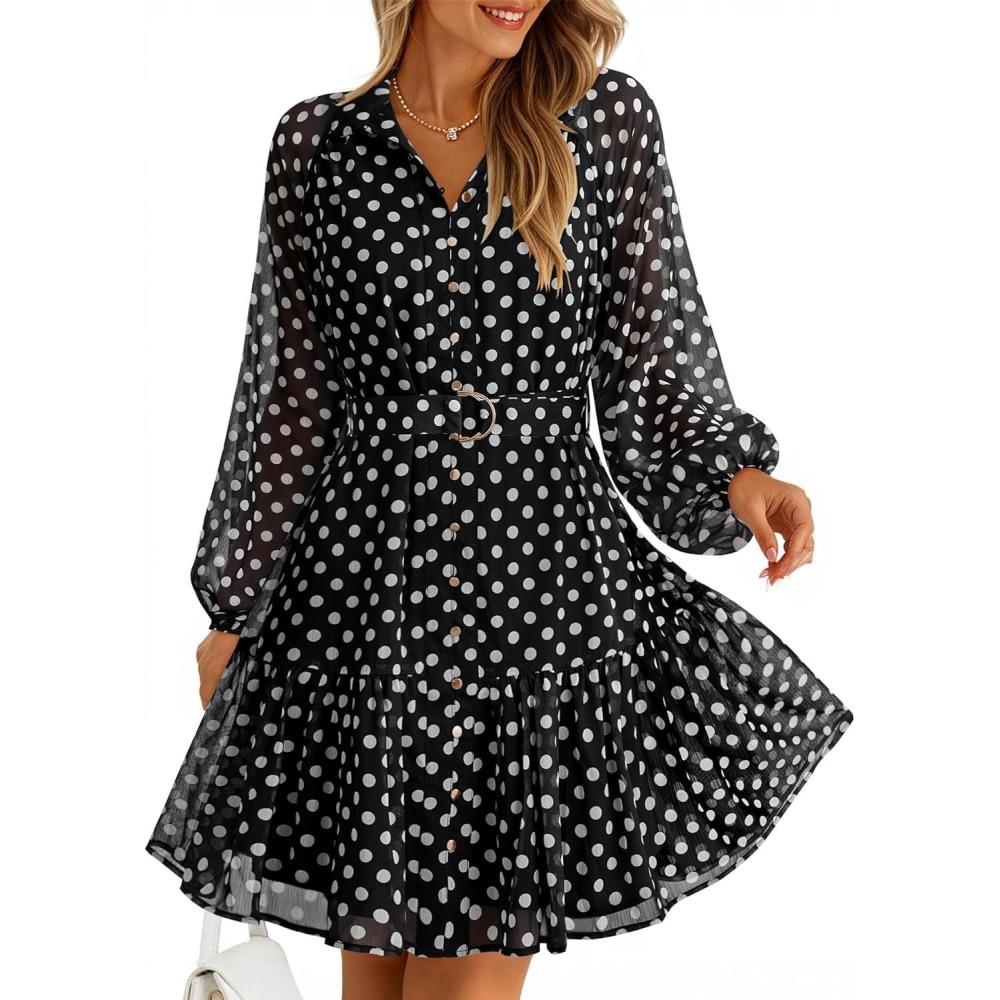 imageZESICA Womens Spring Summer Floral Mini Dress Long Sleeve Button Chiffon A Line Swing Short Wedding Guest Party DressesPoint Black