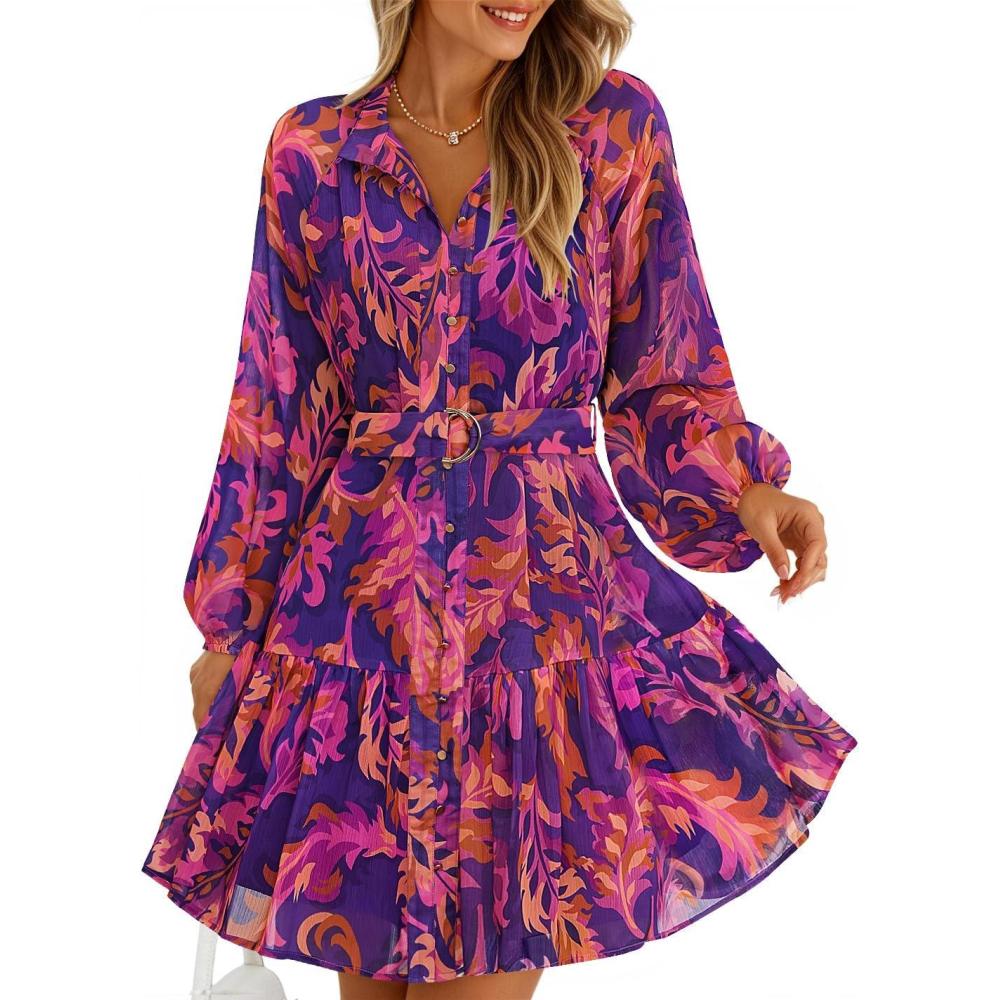 imageZESICA Womens Spring Summer Floral Mini Dress Long Sleeve Button Chiffon A Line Swing Short Wedding Guest Party DressesPurple
