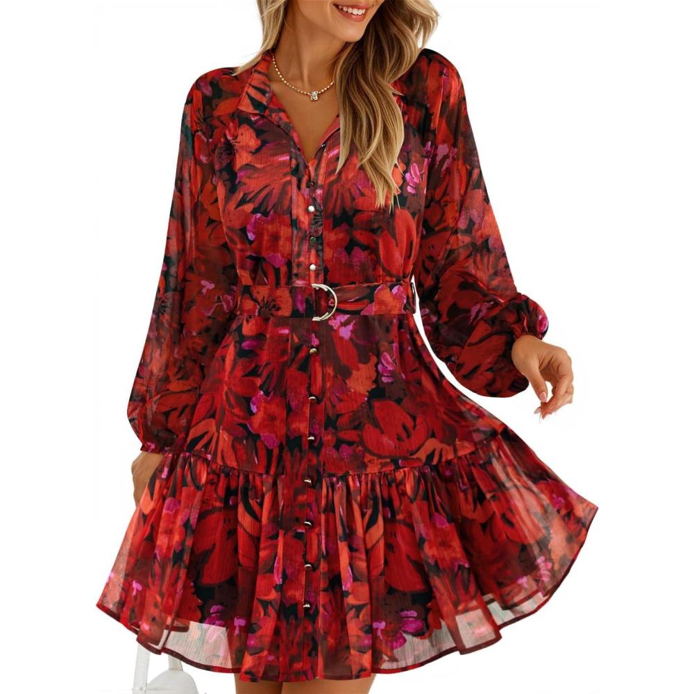 imageZESICA Womens Spring Summer Floral Mini Dress Long Sleeve Button Chiffon A Line Swing Short Wedding Guest Party DressesRed