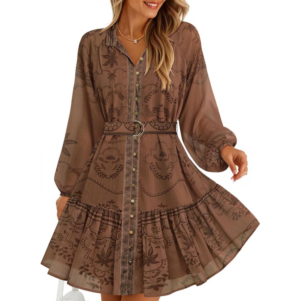 imageZESICA Womens Spring Summer Floral Mini Dress Long Sleeve Button Chiffon A Line Swing Short Wedding Guest Party DressesRedbrown