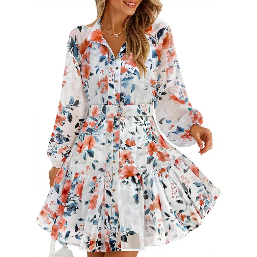 imageZESICA Womens Spring Summer Floral Mini Dress Long Sleeve Button Chiffon A Line Swing Short Wedding Guest Party DressesWhite