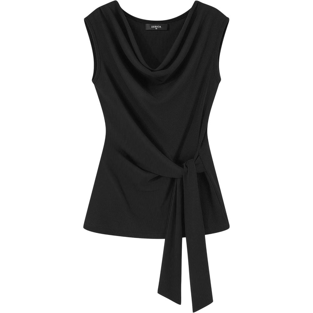 imageZESICA Womens Summer Business Casual Tank Tops 2026 Cowl Neck Sleeveless Knit Slim Shirts Spring Work Dressy BlousesBlack