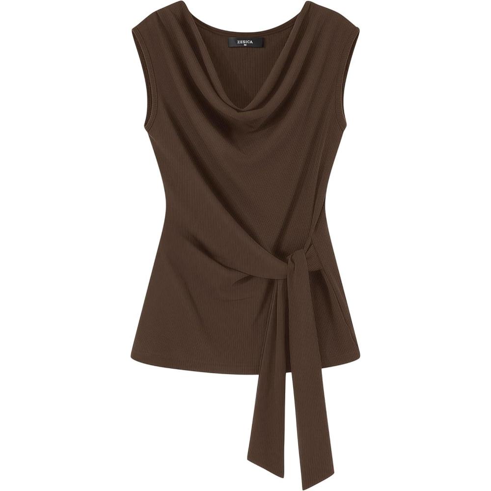 imageZESICA Womens Summer Business Casual Tank Tops 2026 Cowl Neck Sleeveless Knit Slim Shirts Spring Work Dressy BlousesCoffee