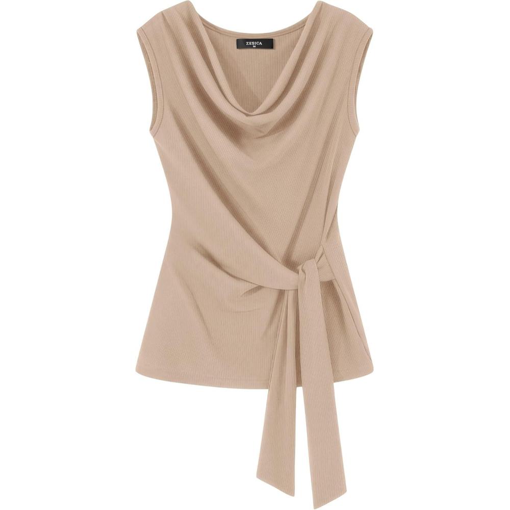 imageZESICA Womens Summer Business Casual Tank Tops 2026 Cowl Neck Sleeveless Knit Slim Shirts Spring Work Dressy BlousesSand