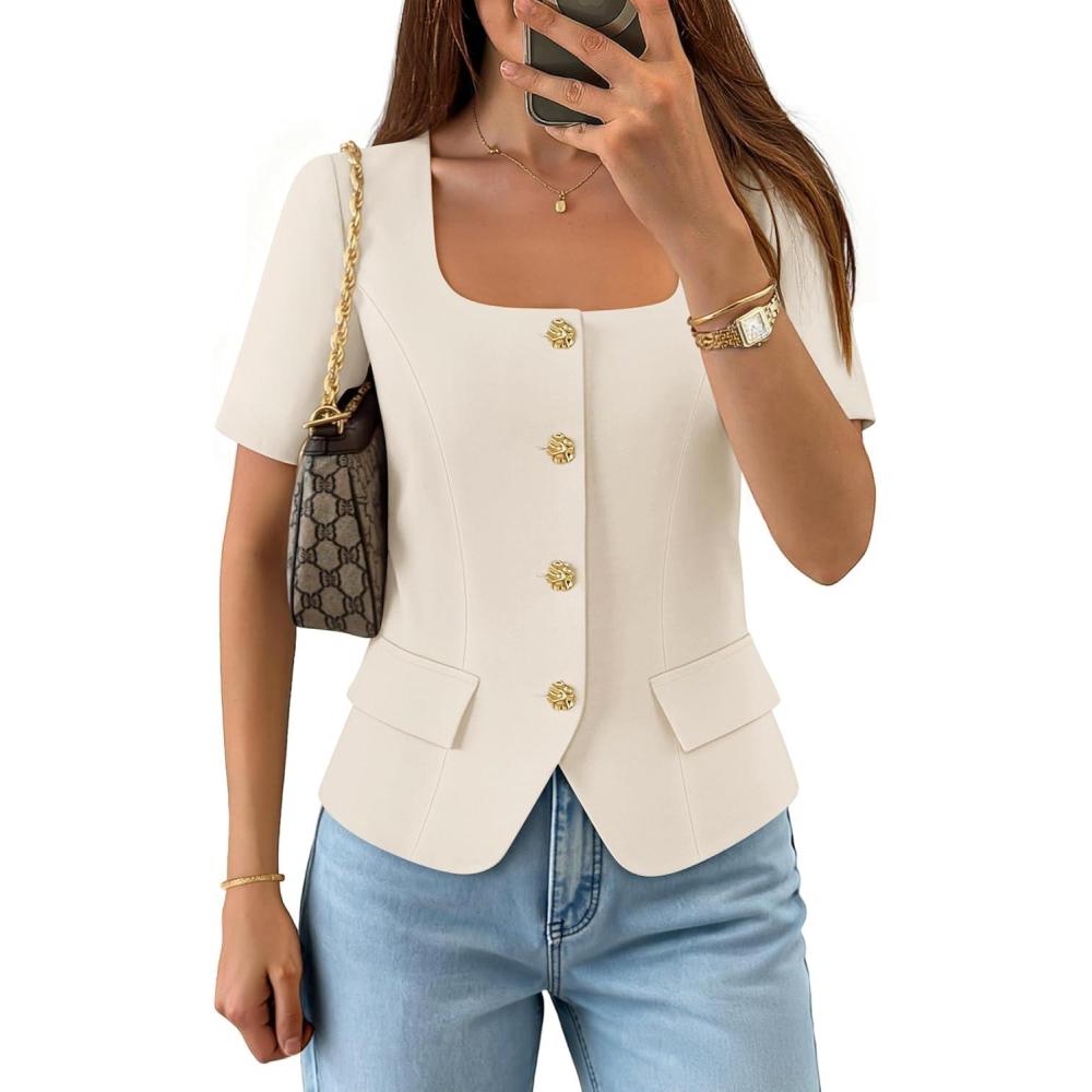 imageZESICA Womens Trendy Vests Top 2026 Spring Summer Square Neck Short Sleeve Blazer Button Down Crop Casual Work BlouseApricot