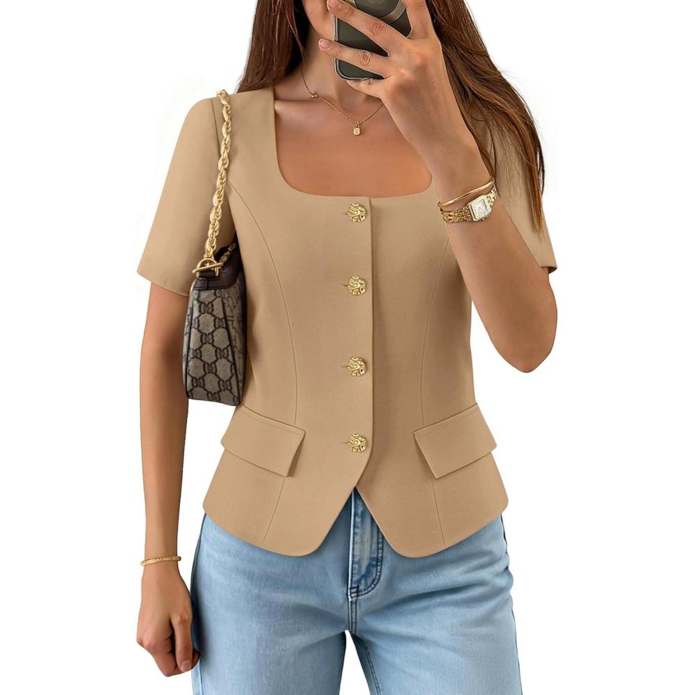 imageZESICA Womens Trendy Vests Top 2026 Spring Summer Square Neck Short Sleeve Blazer Button Down Crop Casual Work BlouseKhaki
