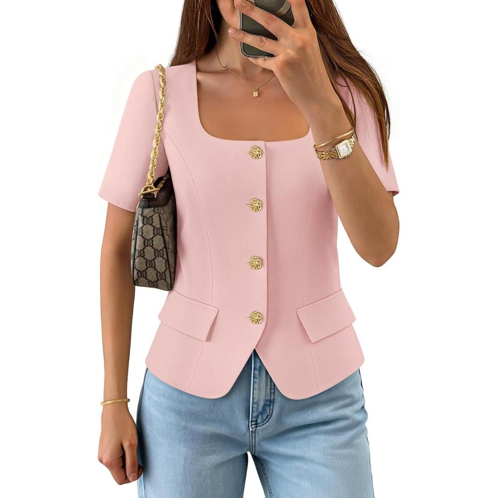 imageZESICA Womens Trendy Vests Top 2026 Spring Summer Square Neck Short Sleeve Blazer Button Down Crop Casual Work BlouseLight Pink