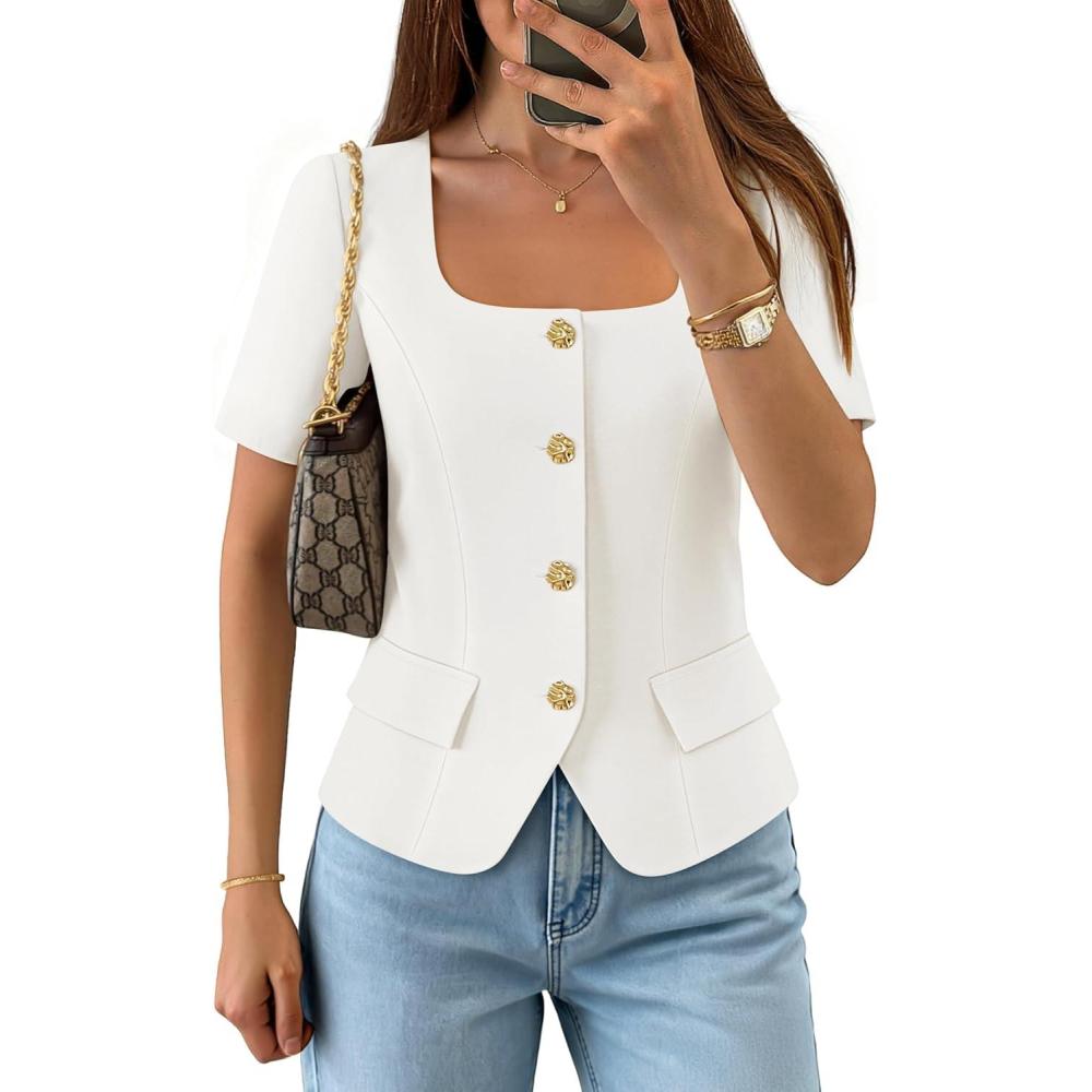 imageZESICA Womens Trendy Vests Top 2026 Spring Summer Square Neck Short Sleeve Blazer Button Down Crop Casual Work BlouseWhite