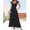 ZESICA Women’s 2026 Summer Lace Strap Sleeveless Square Neck Smocked High Waist Ruffle Hollow Out Flowy A Line Maxi Dress(Black)