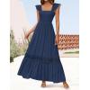 ZESICA Women’s 2026 Summer Lace Strap Sleeveless Square Neck Smocked High Waist Ruffle Hollow Out Flowy A Line Maxi Dress(Navy)