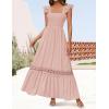 ZESICA Women’s 2026 Summer Lace Strap Sleeveless Square Neck Smocked High Waist Ruffle Hollow Out Flowy A Line Maxi Dress(Pink)