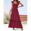 ZESICA Women’s 2026 Summer Lace Strap Sleeveless Square Neck Smocked High Waist Ruffle Hollow Out Flowy A Line Maxi Dress(Wine)
