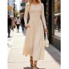 ZESICA Women’s Elegant Long Sleeve Maxi Dress 2026 Fall Crewneck Knit High Wasit Pleated Flowy A Line Casual Party Dresses(Apricot)