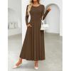 ZESICA Women’s Elegant Long Sleeve Maxi Dress 2026 Fall Crewneck Knit High Wasit Pleated Flowy A Line Casual Party Dresses(Brown)