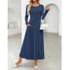 ZESICA Women’s Elegant Long Sleeve Maxi Dress 2026 Fall Crewneck Knit High Wasit Pleated Flowy A Line Casual Party Dresses(Navy)