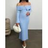 ZESICA Women’s Fall Off Shoulder Sweater Dress 2025 Bell Long Sleeve Ribbed Knit Bodycon Formal Maxi Dresses(Blue)