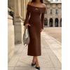 ZESICA Women’s Fall Off Shoulder Sweater Dress 2025 Bell Long Sleeve Ribbed Knit Bodycon Formal Maxi Dresses(Caramel)
