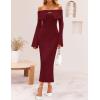 ZESICA Women’s Fall Off Shoulder Sweater Dress 2025 Bell Long Sleeve Ribbed Knit Bodycon Formal Maxi Dresses(Wine)
