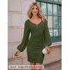 ZESICA Women’s Sexy V Neck Ruched Bodycon Mini Dress Puff Long Sleeve Cocktail Wedding Party Short Dresses(Armygreen)