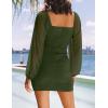 ZESICA Women’s Sexy V Neck Ruched Bodycon Mini Dress Puff Long Sleeve Cocktail Wedding Party Short Dresses(Armygreen)