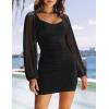 ZESICA Women’s Sexy V Neck Ruched Bodycon Mini Dress Puff Long Sleeve Cocktail Wedding Party Short Dresses(Black)